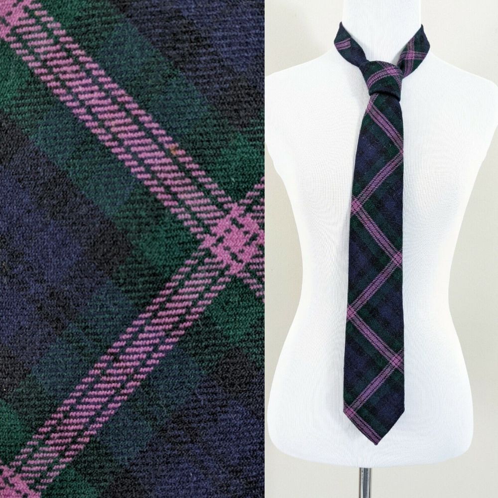 Green, blue & purple Plaid lambswool Vintage Tie - preppy school girl
